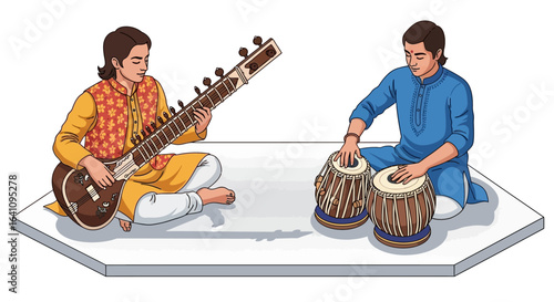 Two men playing Indian classical musical instruments, sitar and tabla