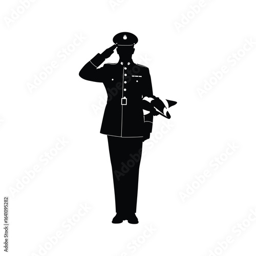 Silhouette of Canadian Military Officer Saluting Holding Hat Black and White Vector Illustration