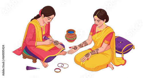 Two women applying intricate henna designs on hands, traditional Indian attire