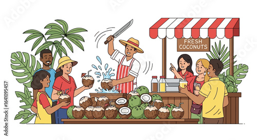Vendor chopping fresh coconuts with a machete for diverse customers at a lively tropical market stall.