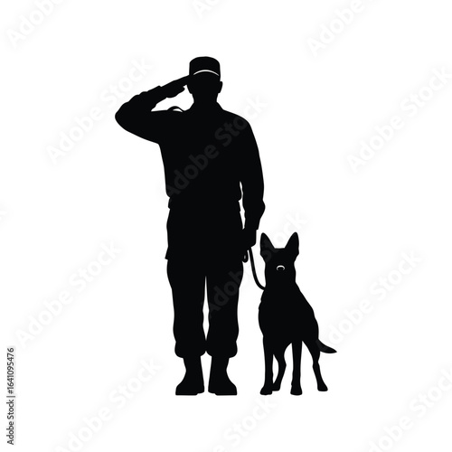 Saluting Soldier with Military Working Dog Silhouette  K9 Unit Security Protection
