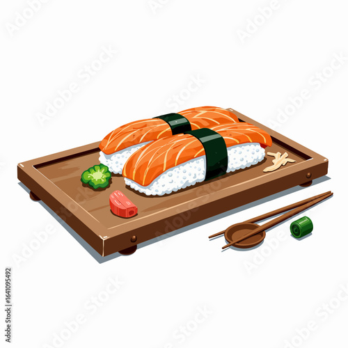 Deliciously Crafted Sushi: A Beautifully Arranged Platter of Fresh Salmon Nigiri, Accompanied by Colorful Garnishes and Traditional Chopsticks