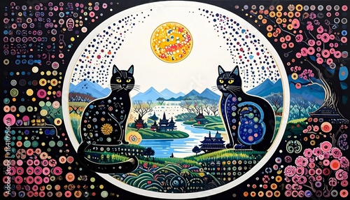 abstract background with cats on moon and landscape