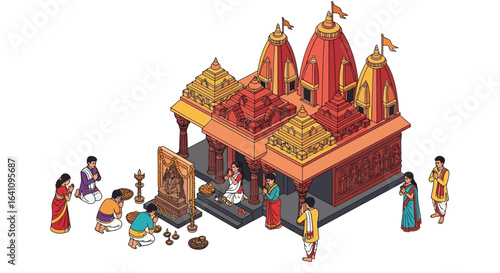 Vibrant Hindu Temple Scene with Devotees Offering Prayers and Performing Rituals