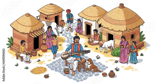 Vibrant illustration of a traditional Indian village community with people in ethnic attire, animals, and thatched huts.