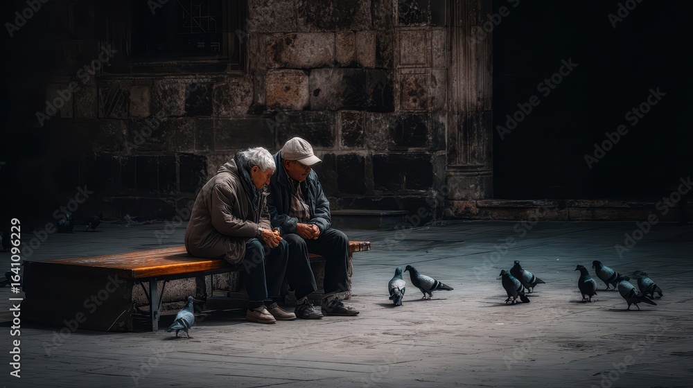 Obraz premium Elderly couple sits on a bench, surrounded by pigeons.