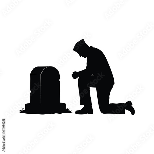 Silhouette of a Man Kneeling in Prayer at a Grave Loss Grief Remembrance Memorial