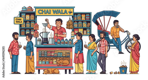 Vibrant Indian Chai Stall Scene with Diverse Patrons and Rickshaw