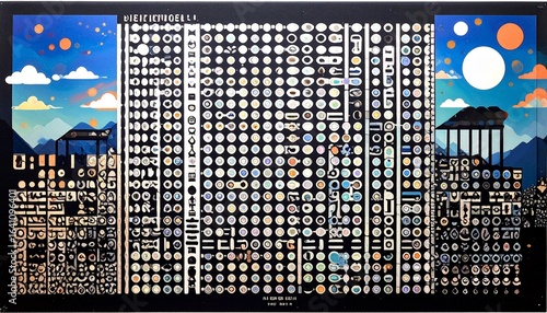 city ​​layered paper style futuristic pearlescent illustration Egypt, metal dot art