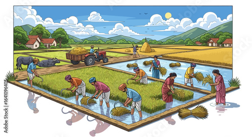 Vibrant illustration of Indian farmers harvesting rice in a sunny rural paddy field landscape.