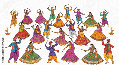 Vibrant Indian Dancers Performing Garba with Sticks in Traditional Attire