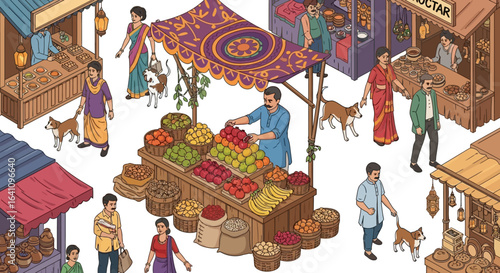 Vibrant Indian Market Scene with Diverse Stalls and People