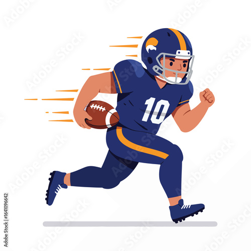 An animated American football player in a blue uniform and helmet runs swiftly with a brown football.