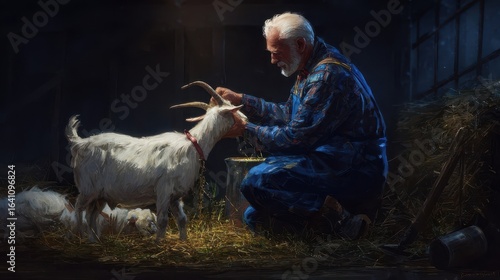 A seasoned farmer gently interacts with a white goat in a rustic barn.