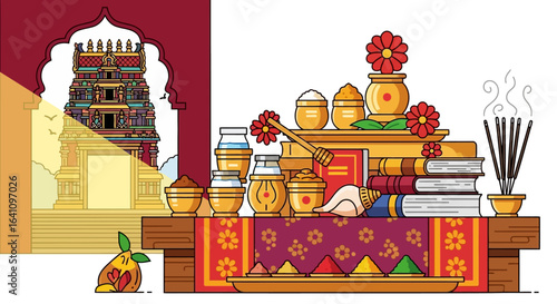 Vibrant Indian Temple Altar with Religious Offerings and Incense
