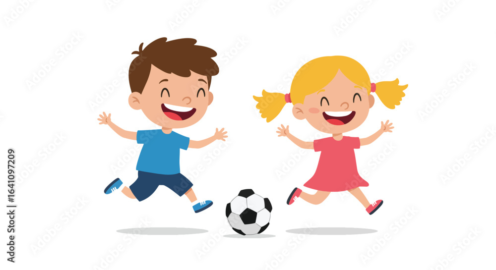Cheerful cartoon children, a boy and a girl, joyfully playing soccer with a ball on a white background. Cheerful cartoon children, a boy and a girl, joyfully playing soccer with a ball on a white background.