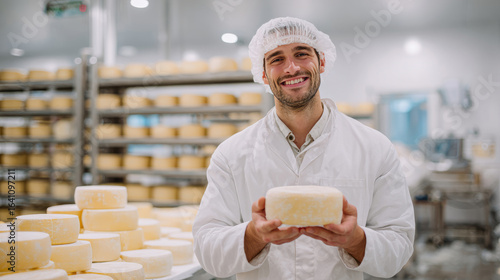 A modern cheesemaker in a white work coat and protective hat stands in a clean, bright production room. He holds a freshly made wheel of cheese in his hands.