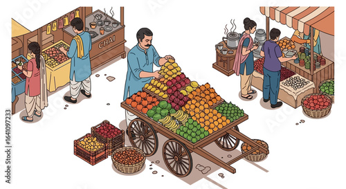 Vibrant isometric illustration of an Indian street market with fruit vendors, chai stalls, and shoppers.