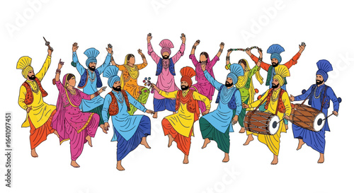 Vibrant Punjabi Folk Dancers in Traditional Attire Celebrating with Drums