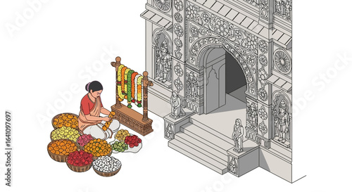 Woman Arranging Colorful Flower Garlands at Ornate Temple Entrance