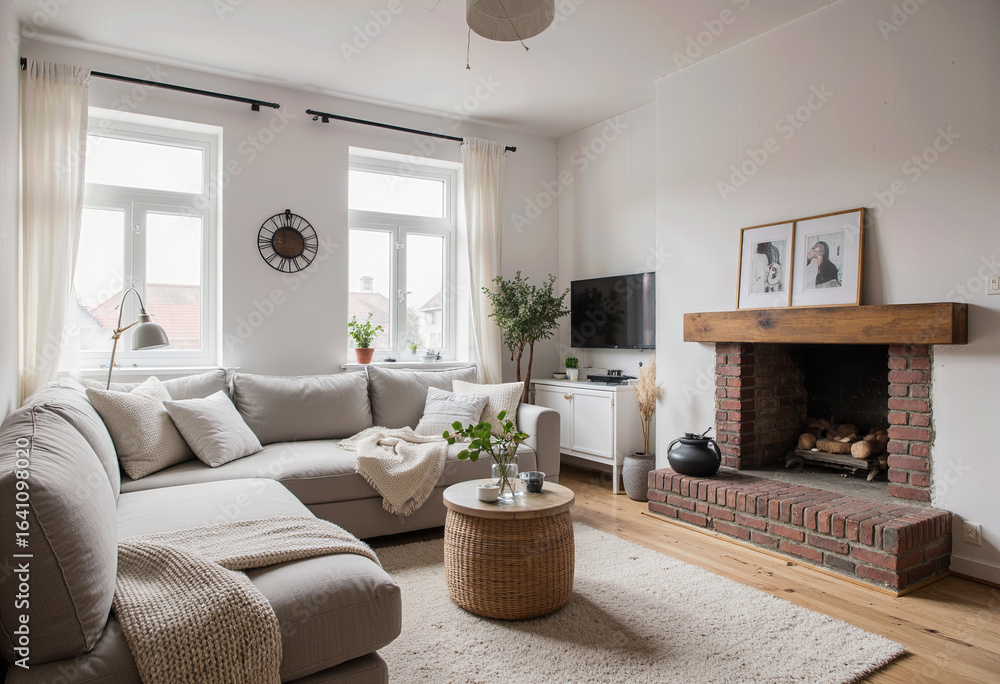 Fototapeta premium A cozy and inviting Scandinavian-style living room featuring a comfortable sectional sofa, a rustic brick fireplace, and a warm, neutral color palette for a relaxing feel. 