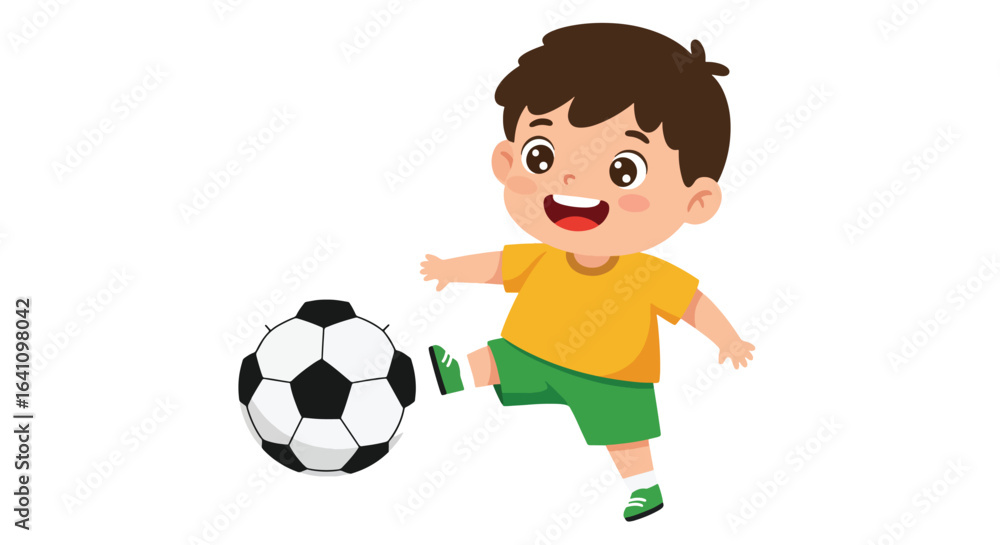 A cheerful cartoon boy in a yellow shirt and green shorts is actively kicking a classic black and white soccer ball. A cheerful cartoon boy in a yellow shirt and green shorts is actively kicking a classic black and white soccer ball.