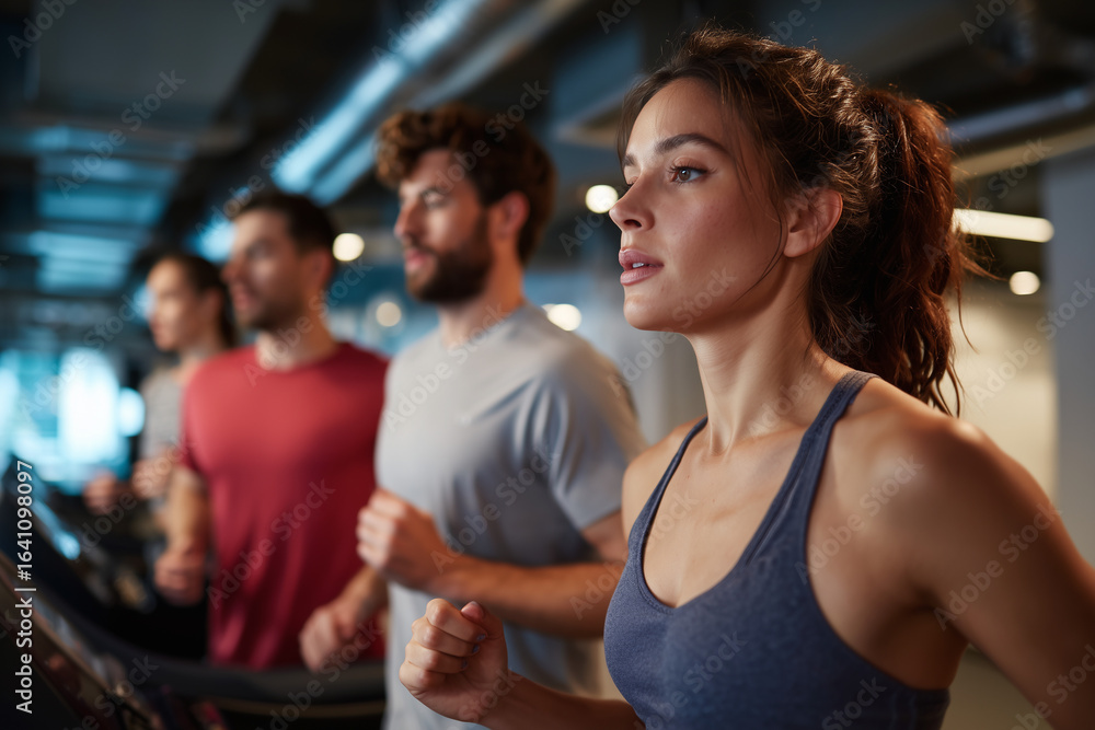 Focused young woman and group running on treadmills in gym for fitness and health training Focused young woman and group running on treadmills in gym for fitness and health training