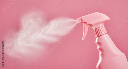 A pink spray bottle is spraying a fine mist against a pink background, suggesting cleaning or freshening