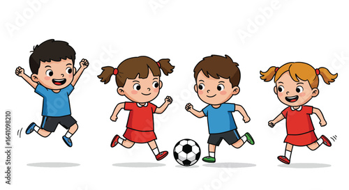 An illustration of four joyful cartoon children, two boys and two girls, actively playing soccer with a ball on a plain white background.