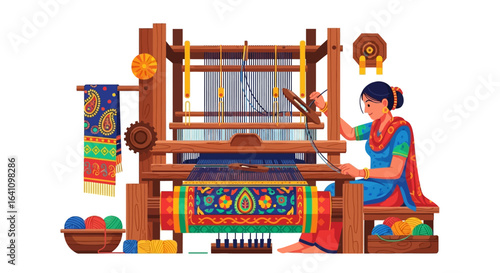Woman Weaver Operating a Traditional Wooden Loom with Colorful Threads