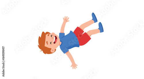 A cheerful cartoon boy with red hair and a blue shirt is depicted mid-air, smiling widely with arms raised.