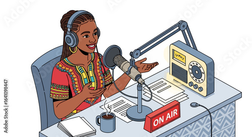 Woman with Headphones Broadcasting Live into Microphone at Radio Station