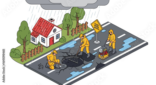 Workers in yellow rain gear repair road during heavy rainfall
