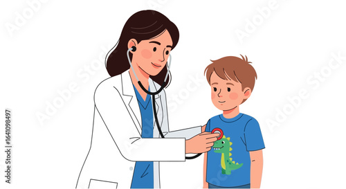 Young Boy in Blue Shirt Examined by Doctor with Stethoscope