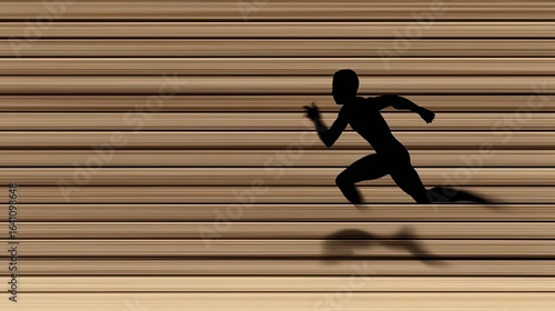 Silhouette of a person running against a wood-paneled background.
