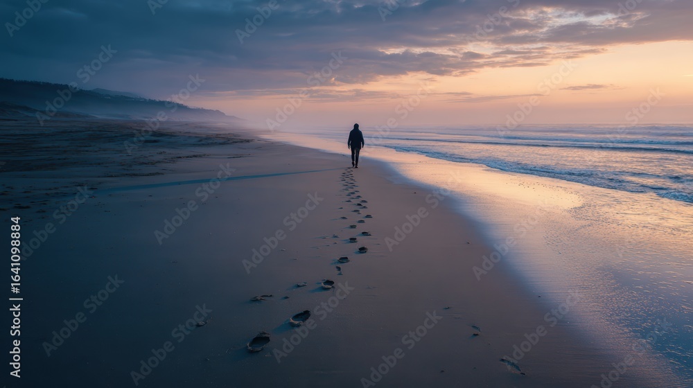 Naklejka premium Solitary Figure Walking Along a Serene Beach at Sunset with Footprints on Wet Sand and Gentle Waves Reflecting Soft Colors of Dusk