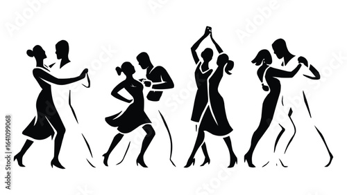 Silhouettes of couples dancing together in various dynamic poses showcasing movement and rhythm