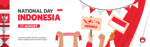 Happy Indonesian Independence Day White background template with ornaments and euphoric people