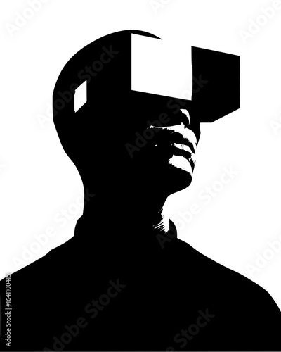 Exploring virtual reality concept art of man with vr headset in black and white illustration style vector art 