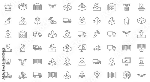 Warehouse and Shipping Line Icon Set Featuring Truck, Drone, Storage, and Delivery Points