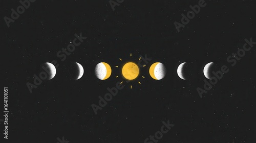 Phases of the moon and sun illustration.