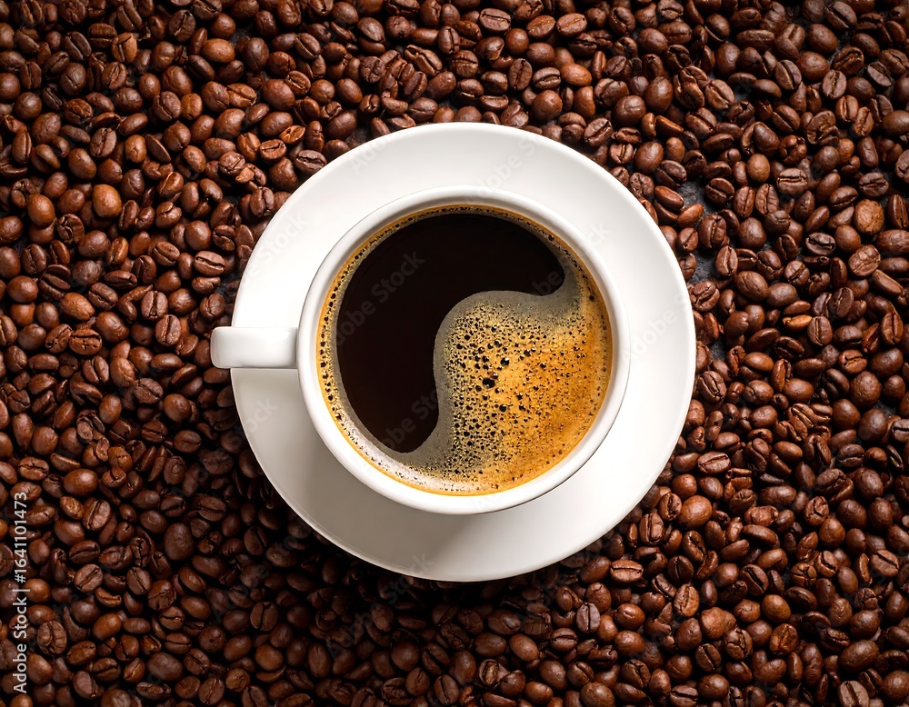 Naklejka premium Coffee cup with dark roast coffee surrounded by beans