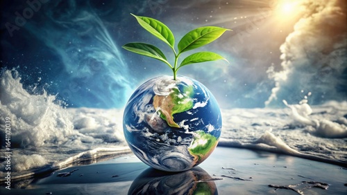 Double Exposure Earth Sprout Photography - Fresh Flat Lay Marble Background with Splash Effect