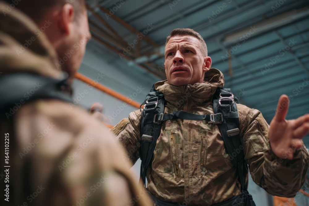 Obraz premium Engaged Military Personnel in Tactical Gear Discussing in Indoor Environment During Training or Operation Preparation