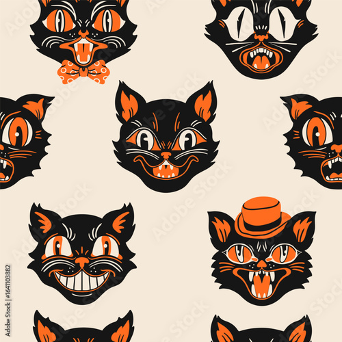 Halloween Cat portraits. Different faces, emotions. Retro, vintage, traditional tattoo style. Hand drawn trendy Vector illustration. Square seamless Pattern, background, wallpaper