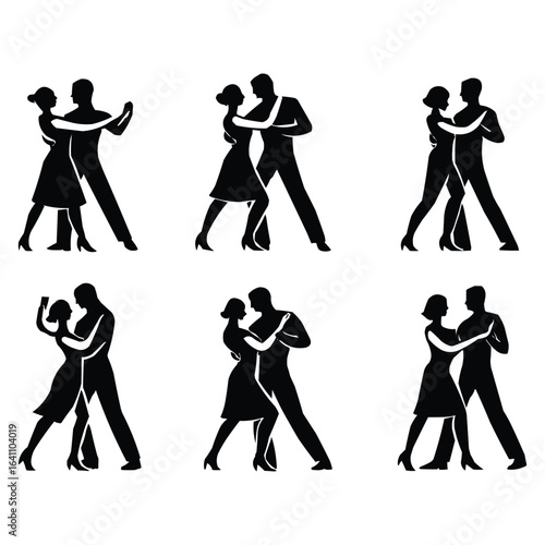 Silhouettes of couples dancing ballroom tango and waltz in various poses and styles against a white background