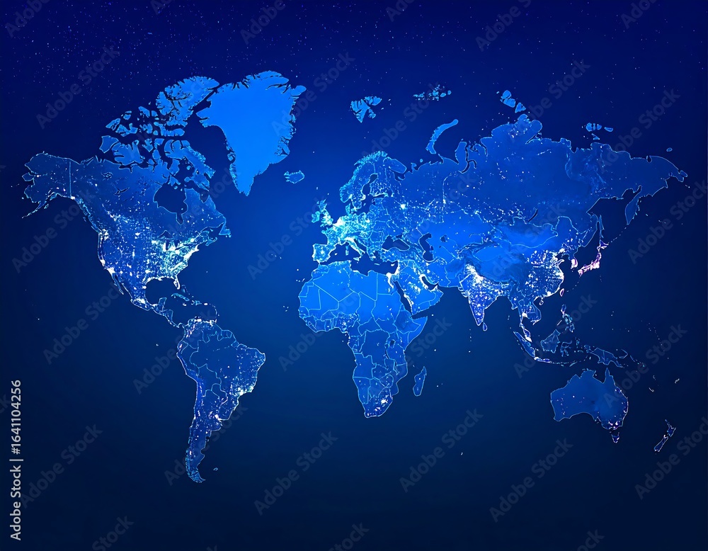 Obraz premium Illuminated world map on dark blue background, showing city lights