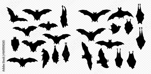 A collection of black bat silhouettes in various flying, hanging, and perched positions on a transparent background.
