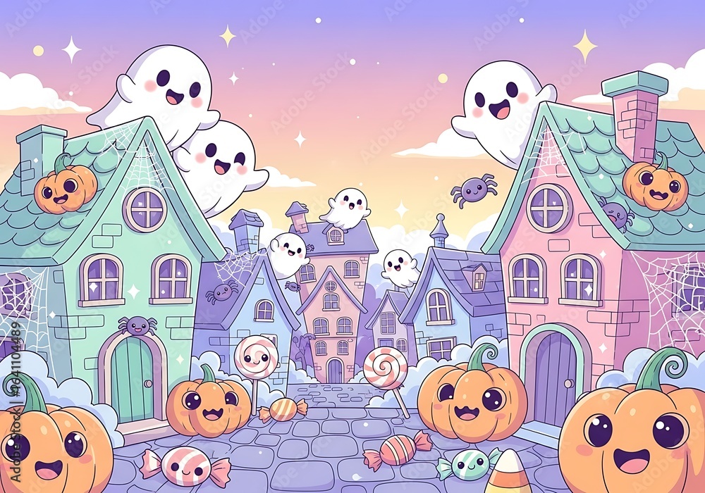 Fototapeta premium Kawaii Halloween village illustration, cute ghosts and pumpkins in a pastel town, whimsical spooky neighborhood with candy and haunted houses