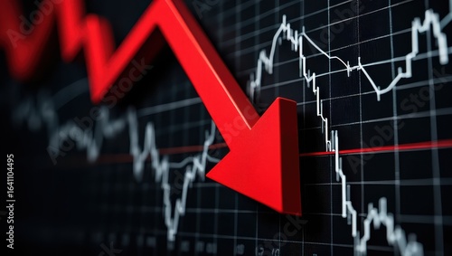 Large, vibrant red arrow dramatically descends across a dark stock market chart, signifying a significant downturn or decline in financial performance
